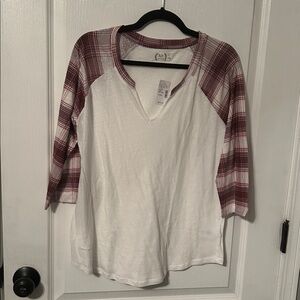 White Raglan Shirt with Red Plaid Sleeves